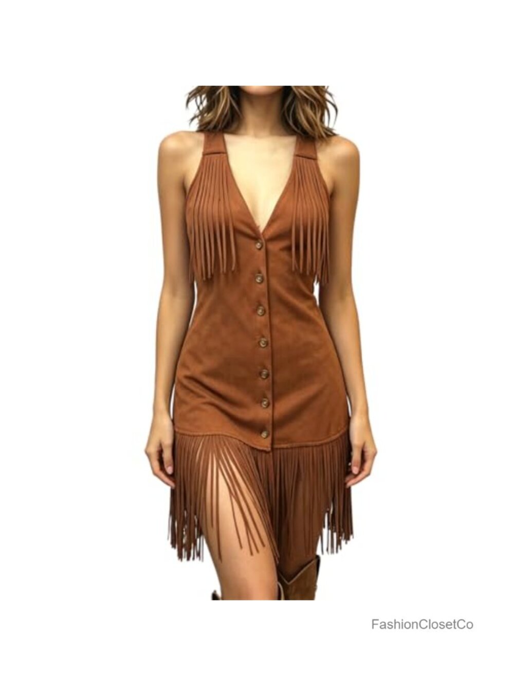 Faux Suede Fringe Western Cowgirl Mini Bodycon Dress Sleeveless V Neck